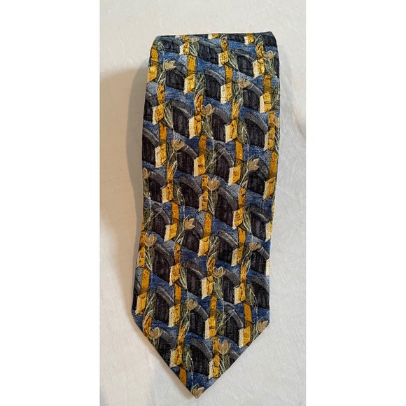 Ermenegildo Zegna Mens Silk Tie Blue Gold Grey Geometric Abstract Floral Italy - Picture 6 of 6